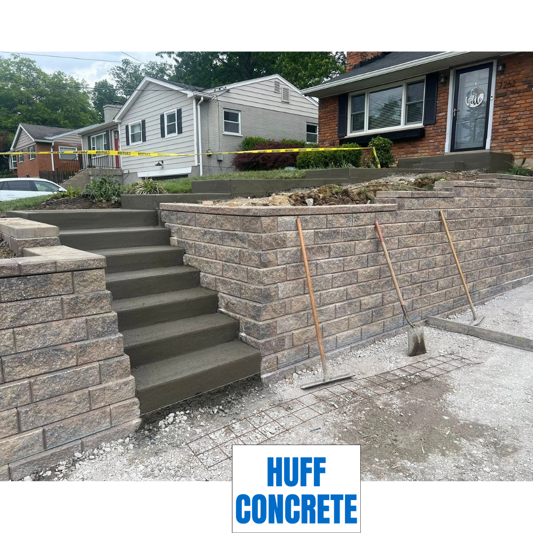 New concrete patio, steps, and Geogrid block retaining walls completed by Huff Concrete in Madeira Ohio