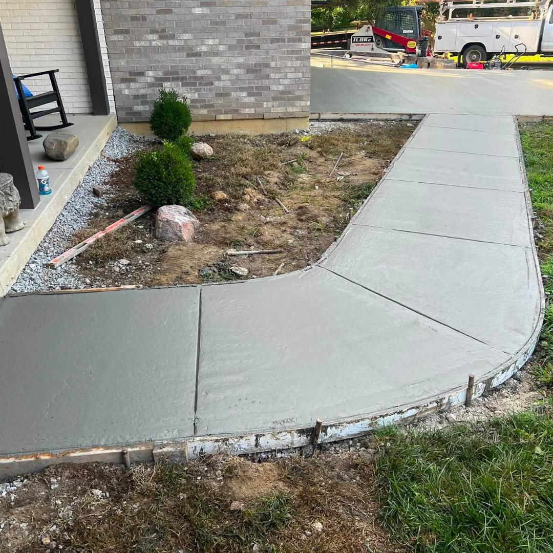 Finished 5-inch broom-finish concrete front walkway in Loveland OH, Huff Concrete project